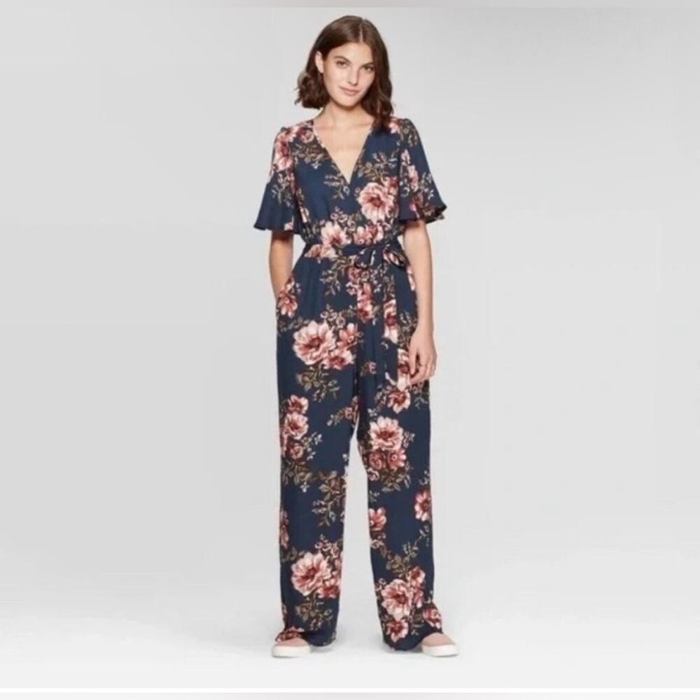 Xhilaration Navy Floral Wide Leg Jumpsuit M